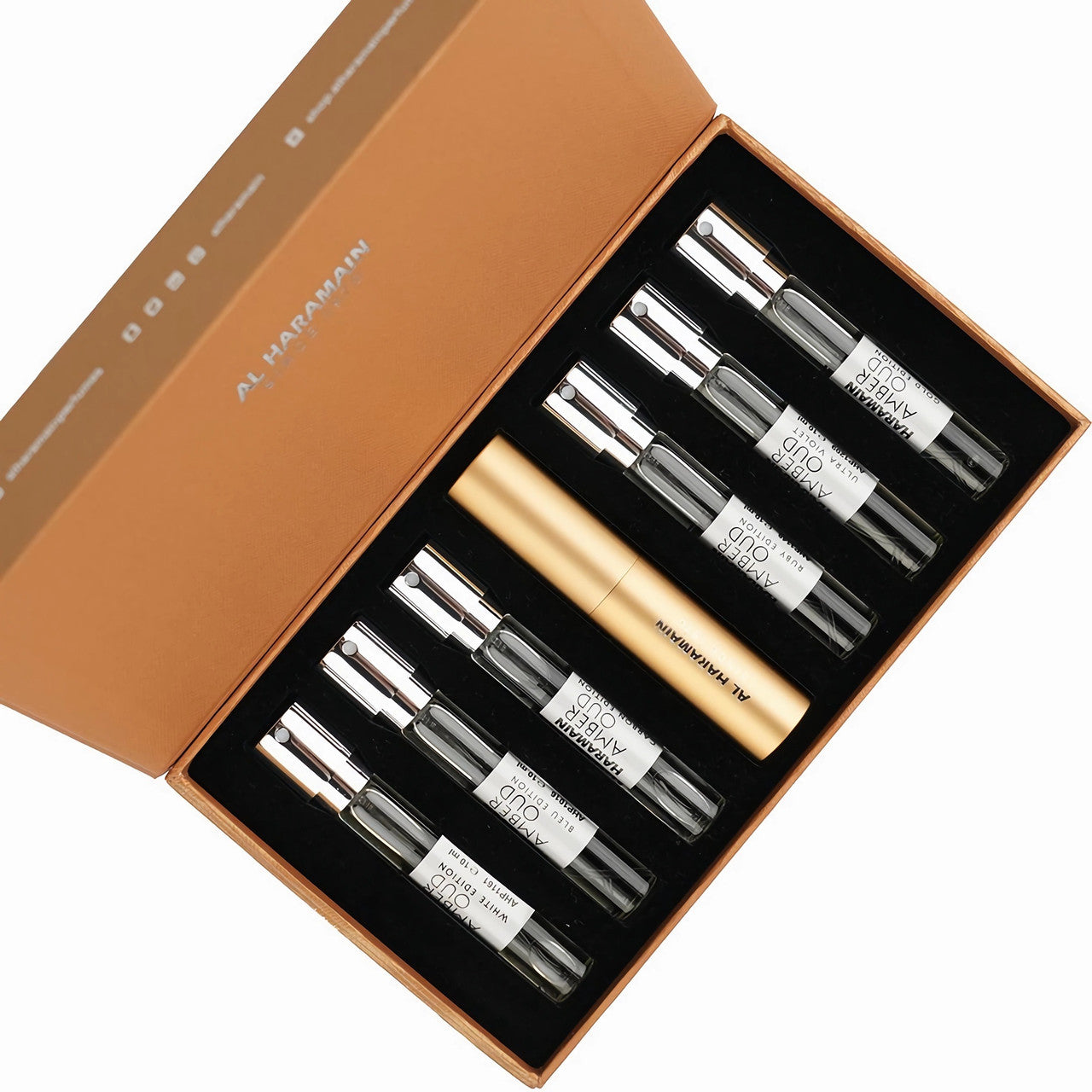 AL HARAMAIN AMBER OUD 7 * 0.34 EAU DE PARFUM SPRAY SET : GOLD EDITION + ULTRA VIOLET + RUBY EDITION + CARBON EDITION + BLEU EDITION + WHITE EDITION + SPRAY CASE- 100% Authentic