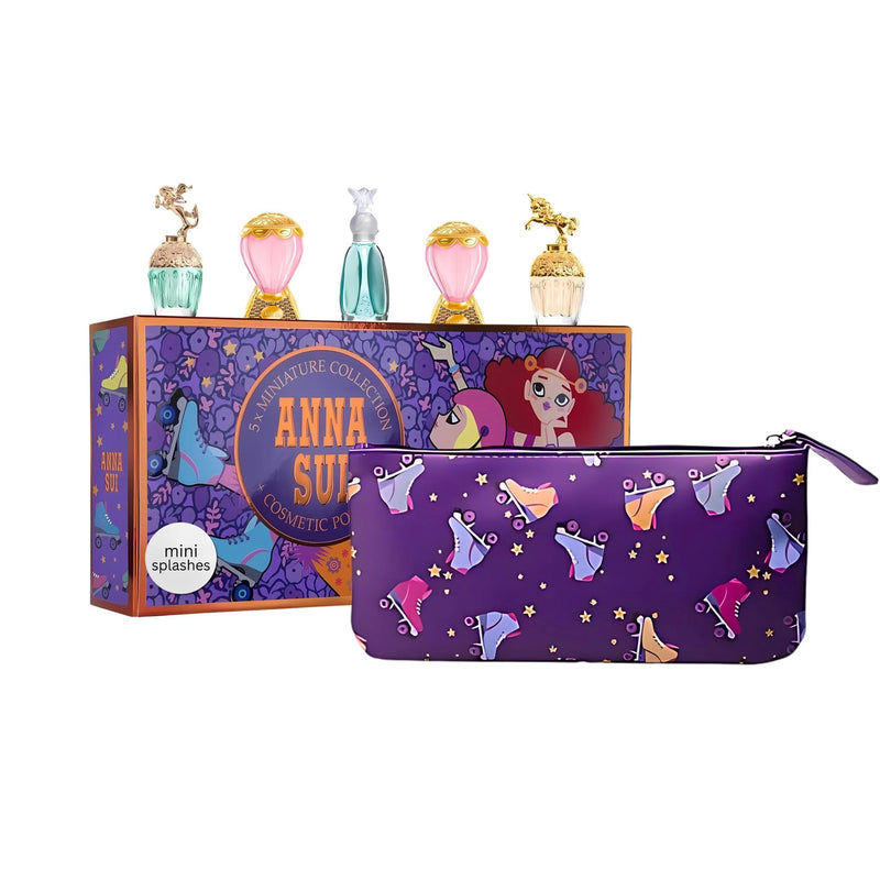 ANNA SUI 6 PC MINI SET FOR WOMEN: FANTASIA 0.17 EAU DE TOILETTE + FANTASIA MERMAID 0.17 EAU DE TOILETTE + SECRET WISH 0.17 EAU DE TOILETTE + 2 X SKY 0.17 EAU DE TOILETTE + POUCH- 100% Authentic