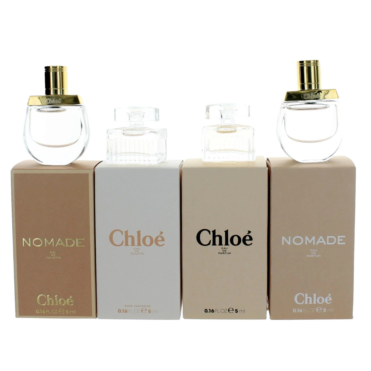 CHLOE 4 PCS SET FOR WOMEN: NOMADE 0.16 EAU DE TOILETTE MINI + ROSE TANGERINE 0.16 EAU DE TOILETTE MINI + CHLOE 0.16 EAU DE PARFUM MINI + NOMADE 0.16 EAU DE PARFUM MINI- 100% Authentic