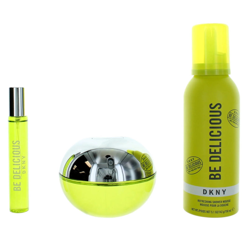 DKNY BE DELICIOUS 3 PCS SET FOR WOMEN: 3.4 EAU DE PARFUM SPRAY + 0.5 EAU DE PARFUM SPRAY + 5.1 SHOWER MOUSSE- 100% Authentic