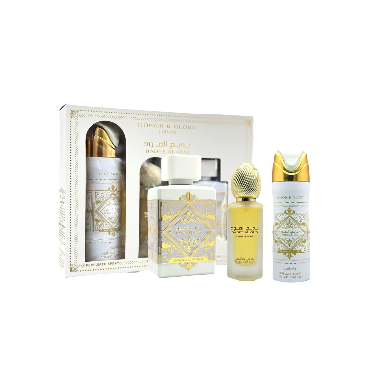 LATTAFA BADE'E AL OUD HONOR & GLORY 3 PCS SET: 3.4 EAU DE PARFUM SPRAY + 1.7 HAIR MIST + 6.7 PERFUMED BODY SPRAY- 100% Authentic