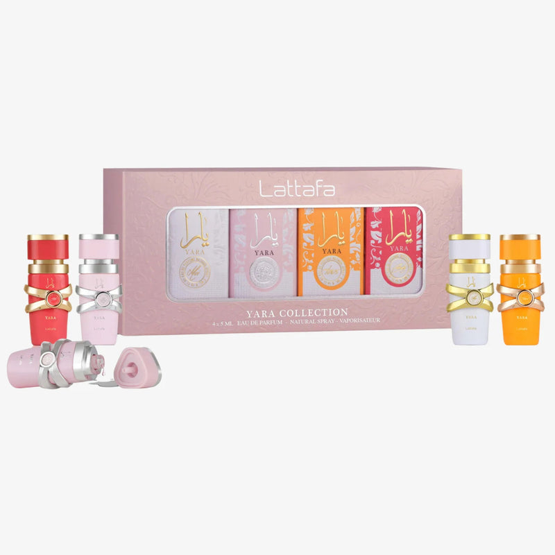 LATTAFA YARA 4 PC MINI SET: 4 * 5 ML EAU DE PARFUM MINI SET FOR WOMEN: YARA + YARA MOI + YARA TOUS + YARA CANDY- 100% Authentic