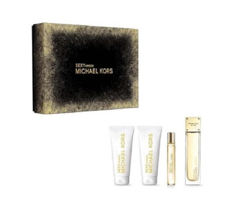 MICHAEL KORS SEXY AMBER 4 PCS SET FOR WOMEN: 3.4 EAU DE PARFUM SPRAY + 0.3 EAU DE PARFUM SPRAY + 3.4 BODY LOTION + 3.4 SHOWER GEL- 100% Authentic