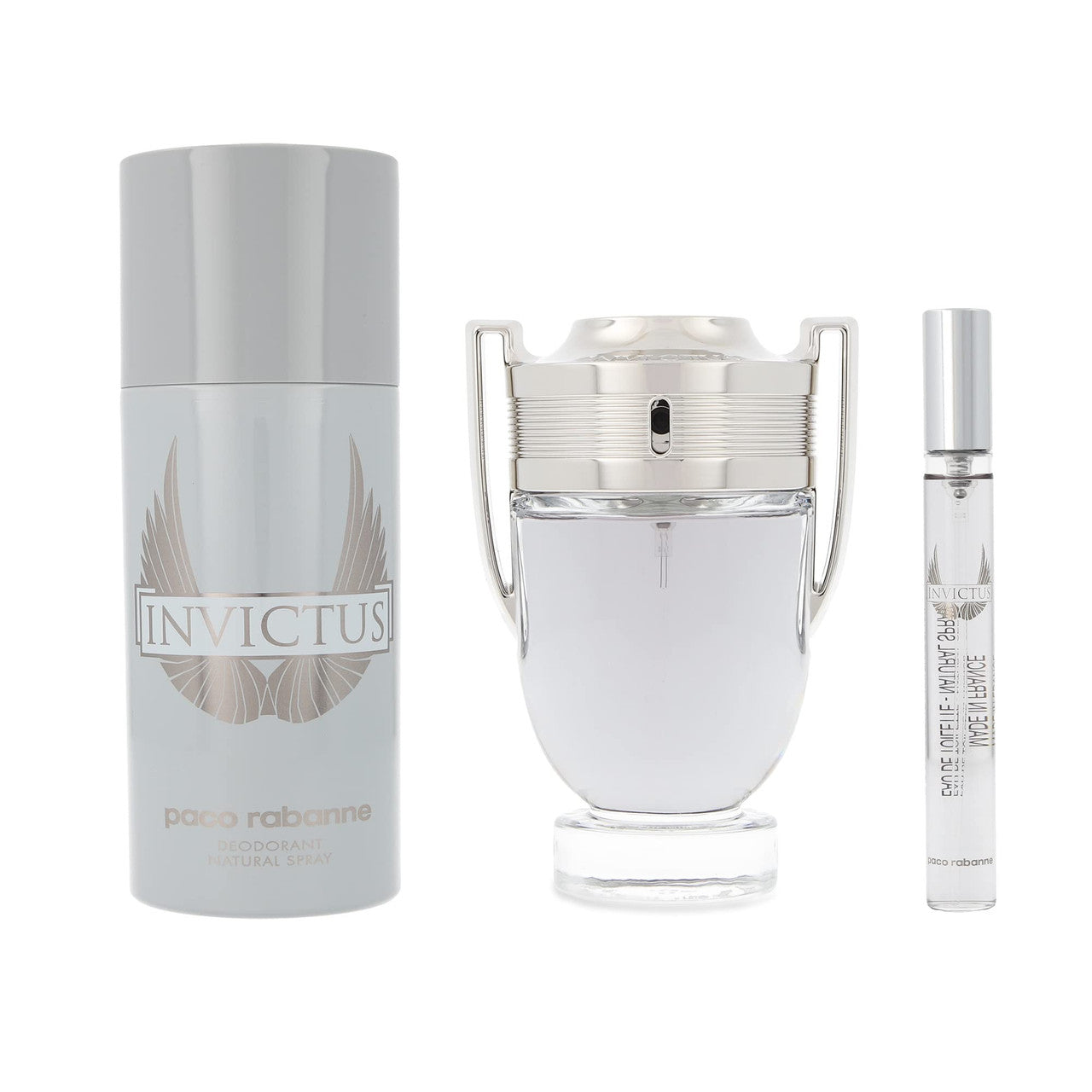 PACO RABANNE INVICTUS 3 PCS SET FOR MEN: 3.4 EAU DE TOILETTE SPRAY + 5.1 DEODORANT SPRAY + 0.34 EAU DE TOILETTE SPRAY..- 100% Authentic