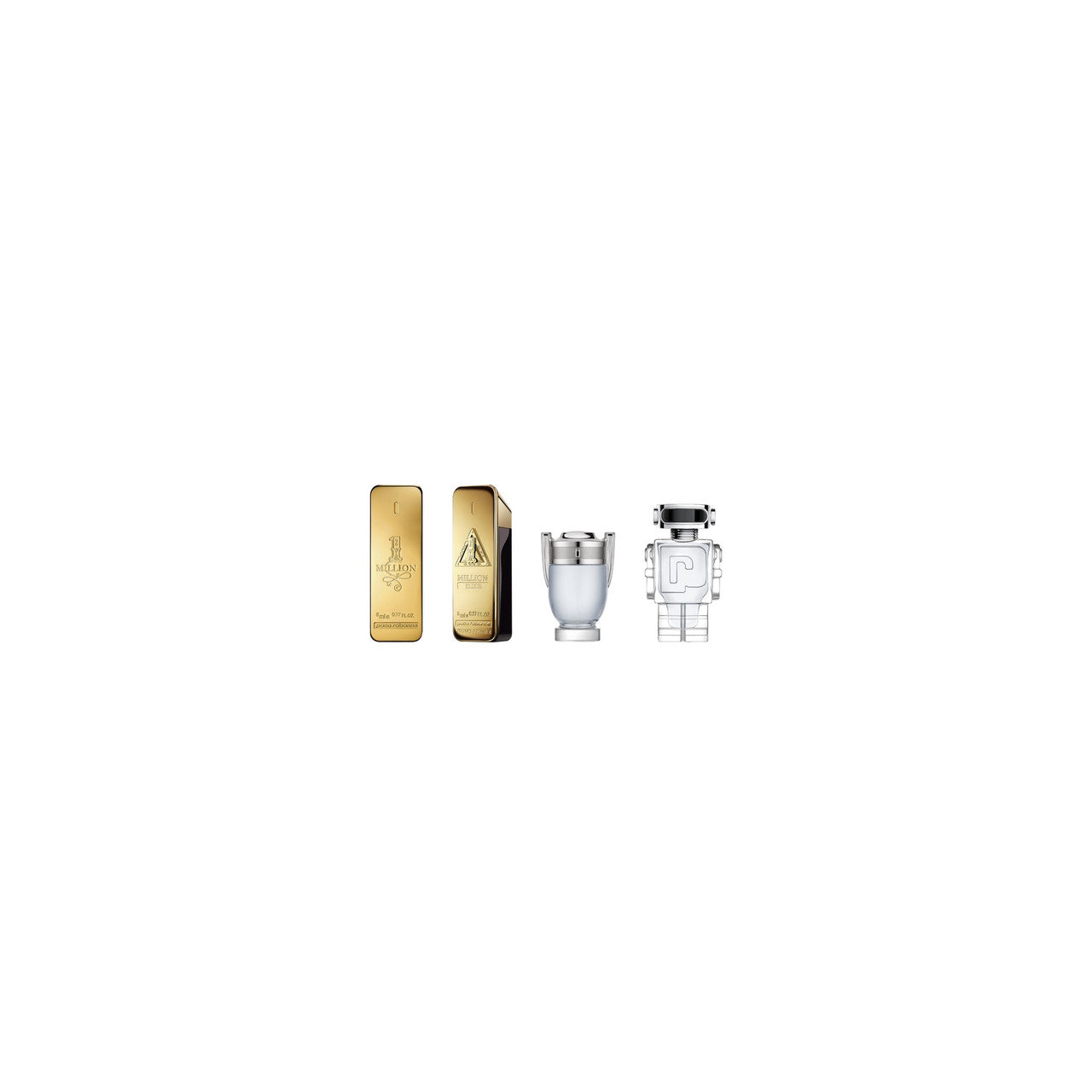 PACO RABANNE 4 PCS MINI SET FOR MEN: ONE MILLION 0.17 EAU DE TOILETTE + ONE MILLION ELIXIR 0.17 PARFUM INTENSE + INVICTUS 0.17 EAU DE TOILETTE + PHANTOM 0.17 EAU DE TOILETTE- 100% Authentic