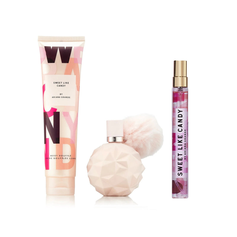 ARIANA GRANDE SWEET LIKE CANDY 3 PCS SET FOR WOMEN: 1.7 EAU DE PARFUM SPRAY + 0.33 EAU DE PARFUM SPRAY + 3.4 BODY SOUFFLE- 100% Authentic