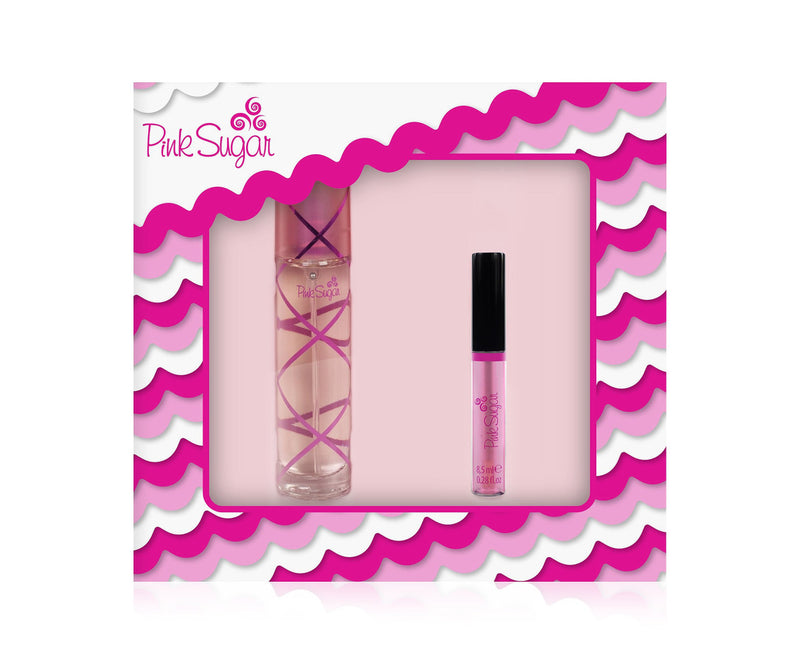 PINK SUGAR 2 PCS SET FOR WOMEN: 1.7 EAU DE TOILETTE SPRAY + 0.28 LIP GLOSS- 100% Authentic