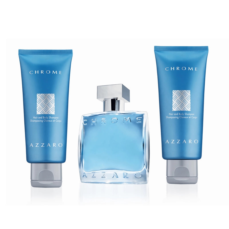 AZZARO CHROME 3 PCS SET FOR MEN: 3.3 EAU DE TOILETTE SPRAY + 2 * 2.5 HAIR AND BODY SHAMPOO- 100% Authentic