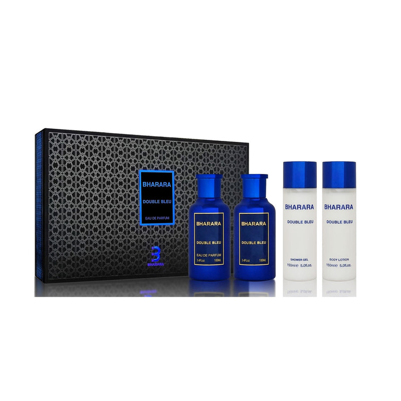 BHARARA DOUBLE BLEU 4 PCS SET FOR MEN: 3.4 EAU DE PARFUM + 5 OZ BODY LOTION + 3.4 AFTER SHAVE + 5 OZ SHOWER GEL- 100% Authentic