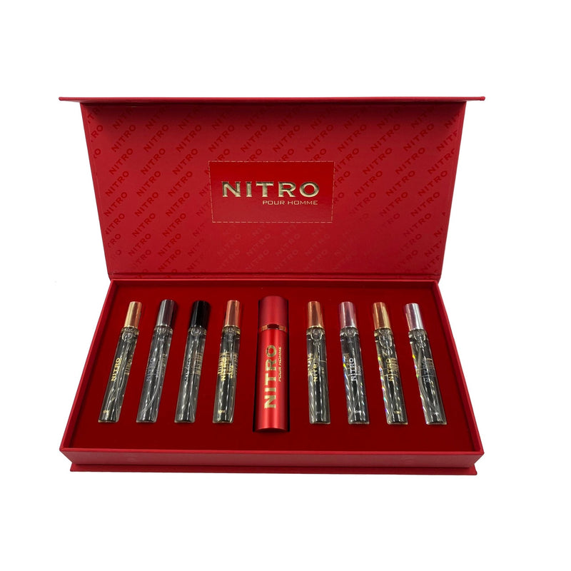 NITRO DUMONT PARIS POUR HOMME 9 * 0.34 EAU DE PARFUM SPRAY SET: NITRO + NITRO BLACK + NITRO GREEN + NITRO INTENSE + NITRO PLATINUM + NITRO RED + NITRO WHITE + NITRO BLUE + TRAVEL SPRAY CASE- 100% Authentic