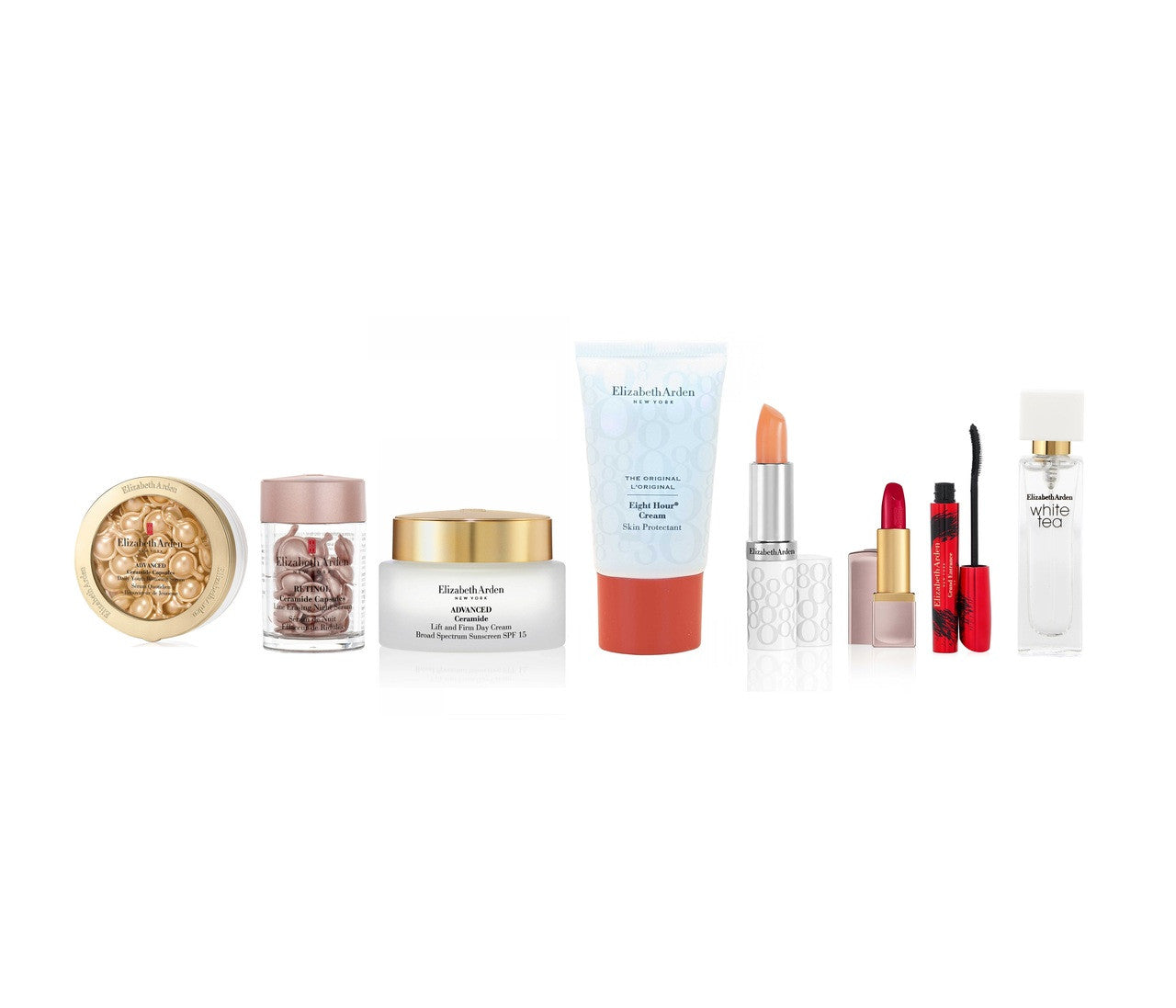 ELIZABETH ARDEN 9 PCS SET: ADVANCED CERAMIDE 60 CAPSULES + RETINOL CERAMIDE 30 CAPSULES + ADVANCED CERAMIDE 1.7 CREAM + 0.5 SKIN CREAM + 0.37 LIP CREAM + 0.14 LIPSTICK RED DOOR 019 + 0.3 MASCARA + WHITE TEA 0.33 EDT SP + HAND BAG- 100% Authentic