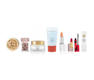 ELIZABETH ARDEN 9 PCS SET: ADVANCED CERAMIDE 60 CAPSULES + RETINOL CERAMIDE 30 CAPSULES + ADVANCED CERAMIDE 1.7 CREAM + 0.5 SKIN CREAM + 0.37 LIP CREAM + 0.14 LIPSTICK RED DOOR 019 + 0.3 MASCARA + WHITE TEA 0.33 EDT SP + HAND BAG- 100% Authentic