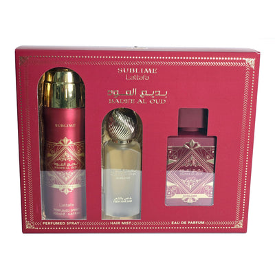 LATTAFA BADE'E AL OUD SUBLIME 3 PCS SET FOR MEN: 3.4 EAU DE PARFUM SPRAY + 1.7 HAIR MIST + 6.7 PERFUMED BODY SPRAY- 100% Authentic