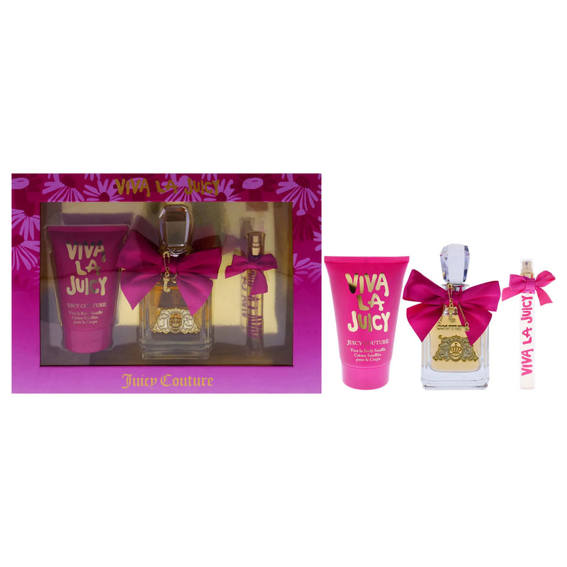 JUICY COUTURE VIVA LA JUICY 3 PCS SET FOR WOMEN: 3.4 EAU DE PARFUM SPRAY + 0.33 EAU DE PARFUM SPRAY + 4.2 BODY SOUFFLE- 100% Authentic