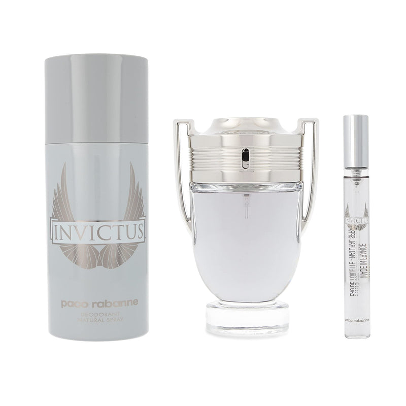PACO RABANNE INVICTUS 3 PCS SET FOR MEN: 3.4 EAU DE TOILETTE SPRAY + 5.1 DEODORANT SPRAY + 0.34 EAU DE TOILETTE SPRAY..- 100% Authentic