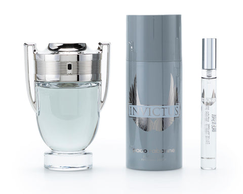PACO RABANNE INVICTUS 3 PCS SET FOR MEN: 3.4 EAU DE TOILETTE SPRAY + 5.1 DEODORANT SPRAY + 0.34 EAU DE TOILETTE SPRAY.- 100% Authentic