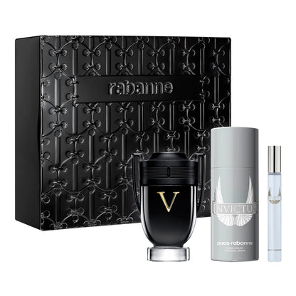 PACO RABANNE INVICTUS VICTORY 3 PCS SET FOR MEN: 3.4 EAU DE PARFUM + 5 OZ DEODORANT SPRAY + 0.34 EAU DE PARFUM (METAL)- 100% Authentic
