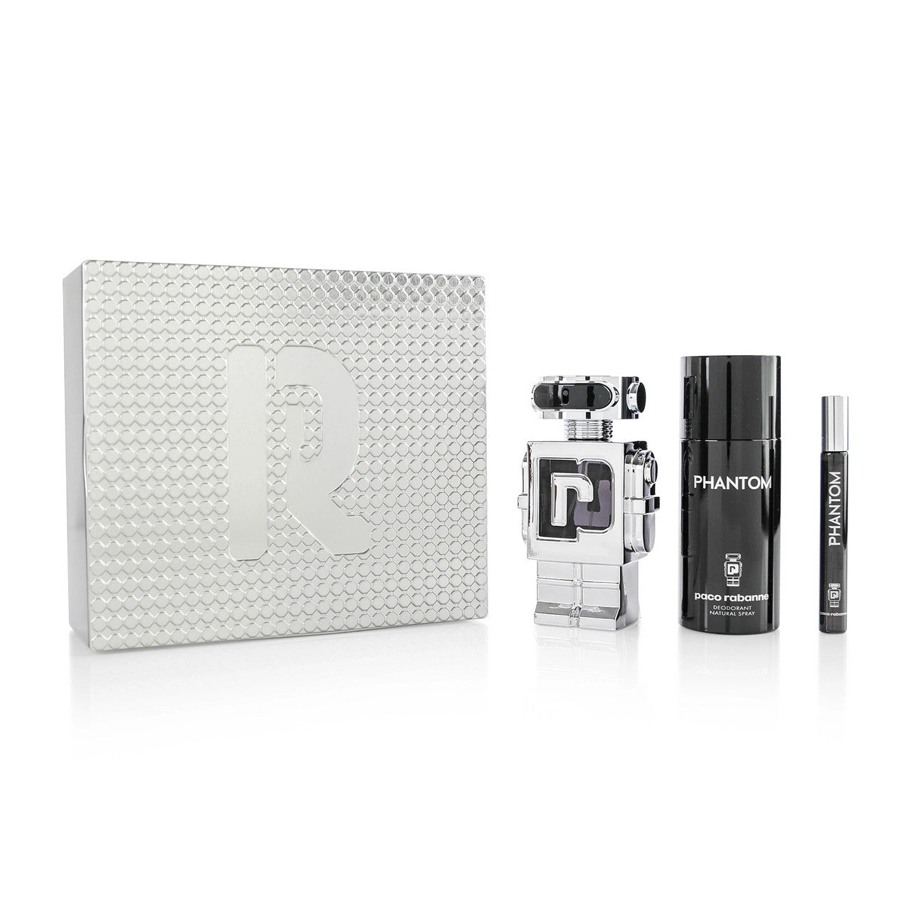 PACO RABANNE PHANTOM 3 PCS SET FOR MEN: 3.3 EAU DE TOILETTE SPRAY + 5 OZ DEODORANT SPRAY + 0.33 EAU DE TOILETTE SPRAY- 100% Authentic