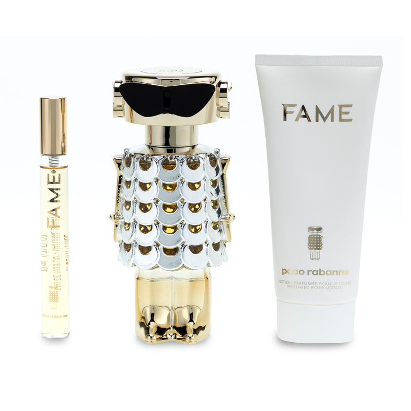 PACO RABANNE FAME 3 PCS SET FOR WOMEN: 2.7 EAU DE PARFUM SPRAY + 0.33 EAU DE PARFUM SPRAY + 3.4 BODY LOTION- 100% Authentic
